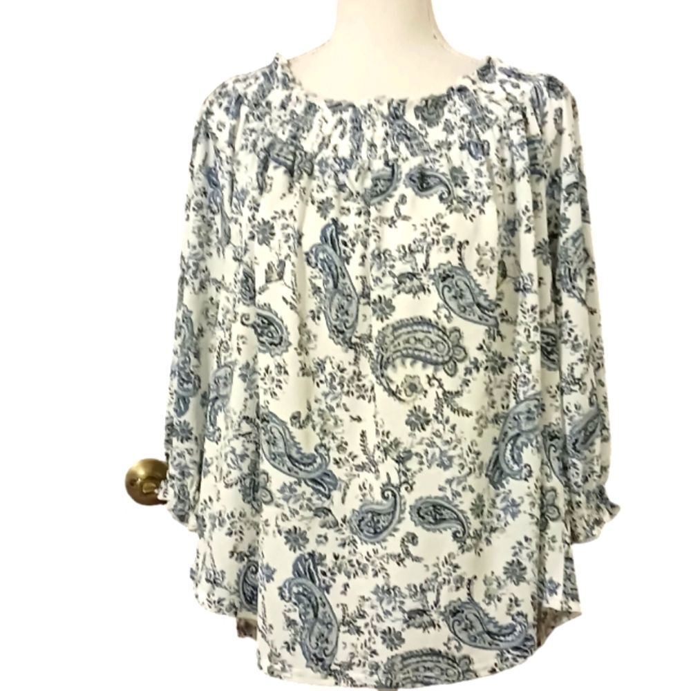 Melloday Peasant Blouse Boho Cold Shoulder Green & White Paisley 3/4 Sleeves. XL